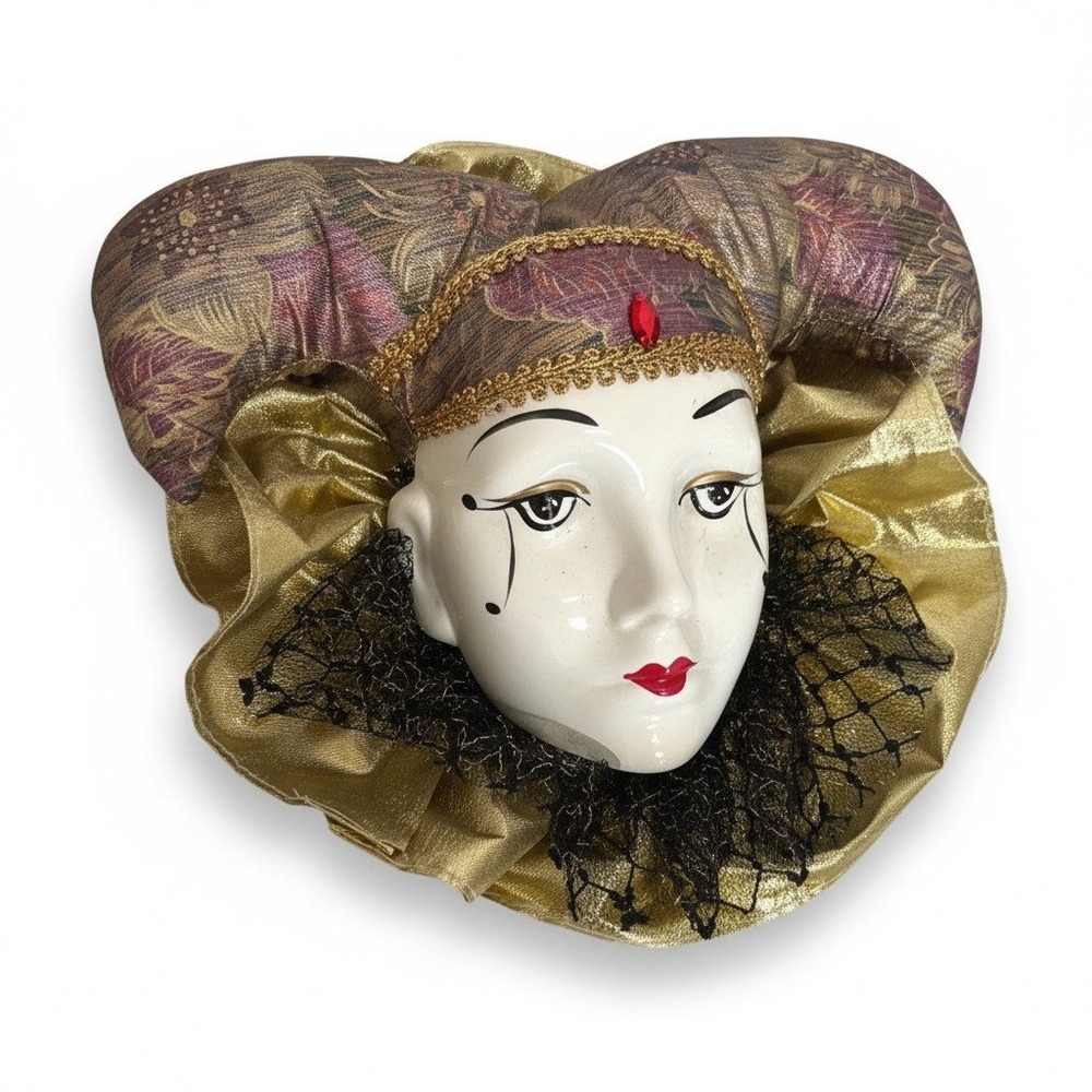 Ceramic Jester Mask 9in Gold Purple Harlequin Pierrot Wall Decor